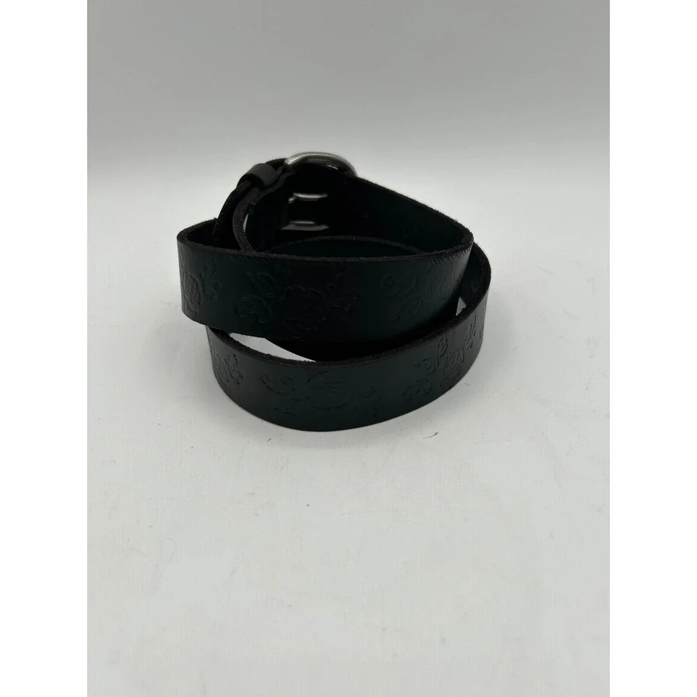 Lucky Brand Belt Women Large Black Floral Embossed Leather Silver Buckle Casual